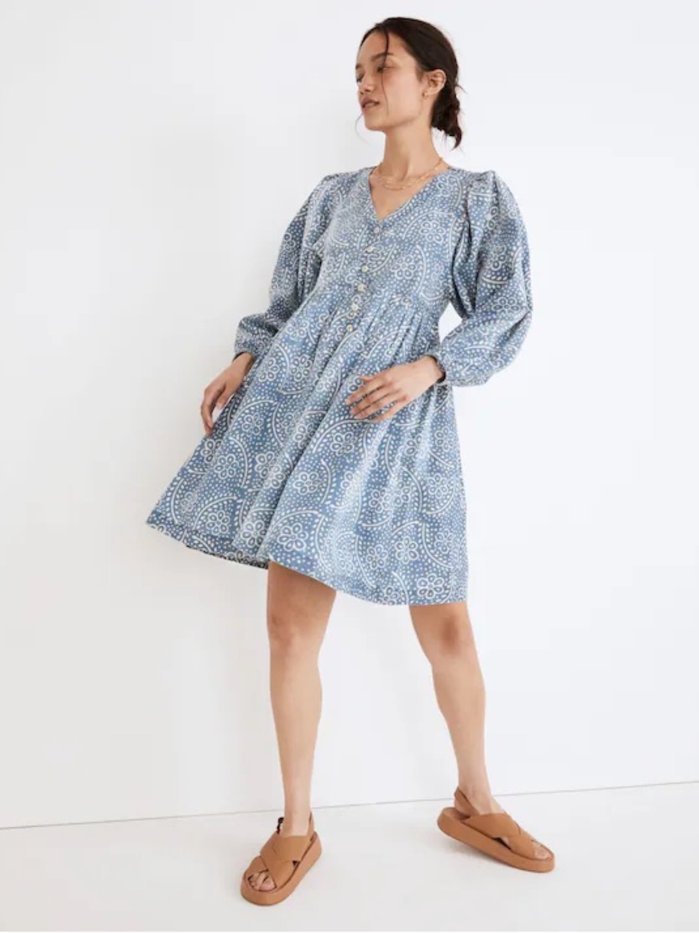 MADEWELL Sz L Bubble-Sleeve Button-Front Mini Dress in Indigo Paisley - Picture 1 of 10